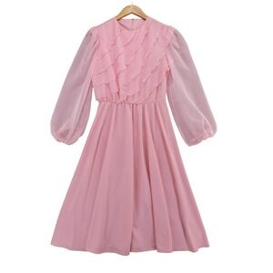 vtg 70s/80s Ruffle Midi Dress Sz S/M Pink Sheer Balloon Sleeve Romantic Amy-Deb